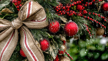 Close-up of a lush green Christmas wreath adorned with sparkling red berries, golden baubles, and a rustic gold and red striped bow.の素材