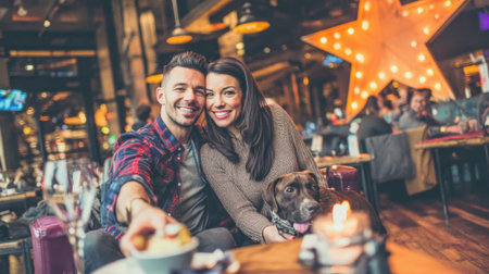 A smiling couple shares a moment at a bar, with their small dog present, creating a warm and inviting atmosphere.の素材