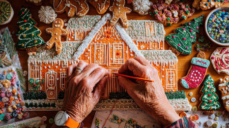 Close-up of hands meticulously decorating a gingerbread house with white icing and colorful candies, surrounded by festive Christmas treats.の素材