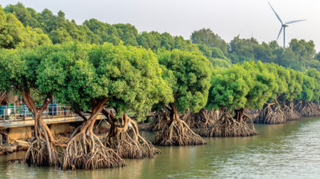 A scenic view of a lush mangrove forest with intricate root systems visible above the water, a wind turbine stands tall in the distance.の素材