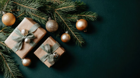 Beautifully wrapped Christmas gifts adorned with ribbons, nestled amongst lush pine branches and golden baubles, evoking a warm holiday spirit.の素材