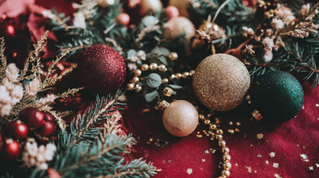 A close-up view of a festive Christmas arrangement featuring various ornaments and evergreen branches.の素材
