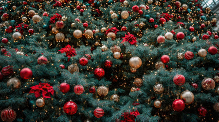 Close-up view of a lush green Christmas tree adorned with red and gold baubles and twinkling lights, creating a warm and festive atmosphere.の素材