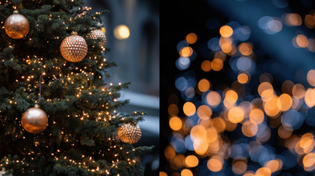 A close-up of a decorated Christmas tree with golden baubles and warm, glowing fairy lights, set against a bokeh background of more lights.の素材