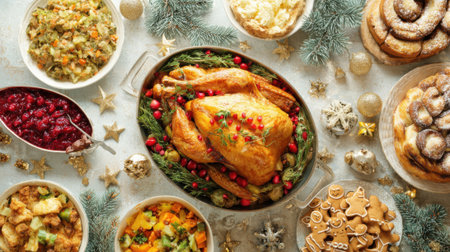 A bountiful holiday meal featuring a golden-brown roasted turkey centerpiece surrounded by a variety of delicious side dishes, perfect for Thanksgiving or Christmas celebrations.の素材