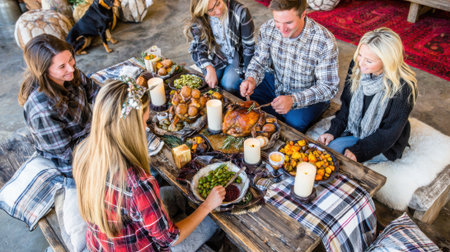 A group of friends gathered around a low table, sharing a bountiful meal outdoors.の素材