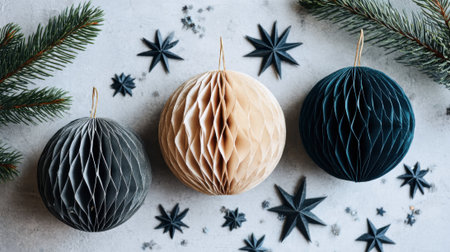 A flat lay composition featuring three honeycomb Christmas ornaments in dark green, beige, and dark blue, surrounded by pine needles and star-shaped confetti.の素材