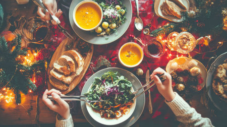 A top-down view of a beautifully set holiday dinner table, featuring various dishes, warm lighting, and hands reaching for food, creating a cozy and inviting atmosphere.の素材