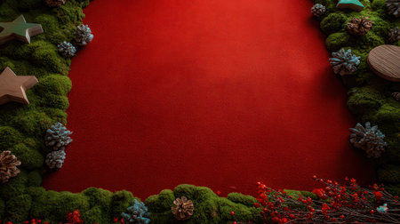 A vibrant red background is framed by a lush green Christmas wreath, adorned with pinecones and wooden stars, perfect for holiday messages.の素材