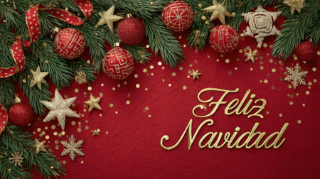 A vibrant red background adorned with lush green Christmas tree branches, sparkling ornaments, golden stars, and confetti. The text Feliz Navidad is prominently displayed in elegant gold lettering.の素材