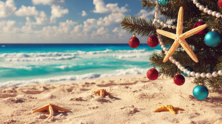A festive Christmas tree adorned with ornaments and starfish stands on a sandy beach, with turquoise ocean waves and a cloudy sky in the background.の素材