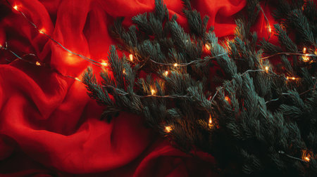 A close-up of a dark green Christmas tree adorned with warm, twinkling fairy lights, set against a backdrop of vibrant red, smoky swirls.の素材