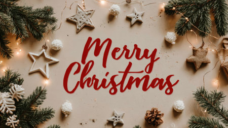 A warm and inviting Merry Christmas message surrounded by festive decorations and natural elements.の素材