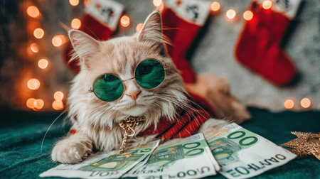 A fluffy cat with green sunglasses and a red scarf lies on money, with Christmas stockings and lights in the background.の素材