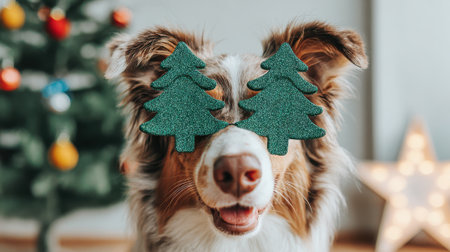 A playful Australian Shepherd dog with Christmas tree decorations over its eyes, celebrating the holiday season.の素材