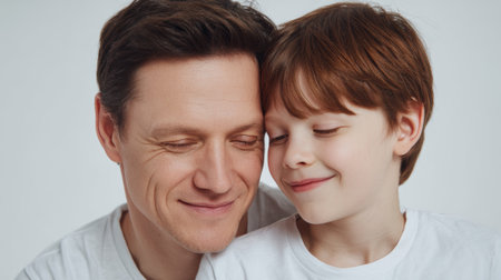 a heartwarming close up captures a father and son with closed eyes, sharing a tender moment against a clean white backdrop in studio lightingの素材