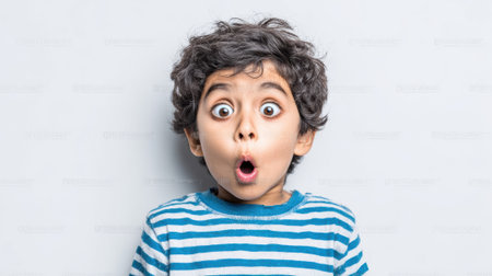 a young boy with curly hair and a striped shirt looks surprised with wide eyes and an open mouth against a clean white background. Portrait of youth.の素材