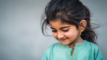 a close up portrait of a young girl with dark hair looking down and smiling, wearing a green dress, against a plain background, with gold earringsの素材