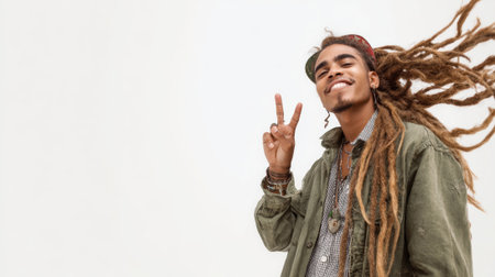 a smiling man with dreadlocks gives a peace sign in a studio against a white backdrop, wearing a jacket and accessories for a cool, casual lookの素材