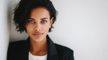 a close up portrait of a beautiful woman with short dark hair and striking green eyes, wearing a black blazer, against a plain white backgroundの素材
