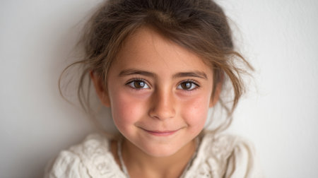 a close up portrait of a young girl with brown hair and eyes smiling sweetly at the camera against a plain white background in a studio settingの素材