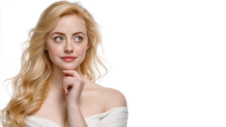 a beautiful woman with blonde wavy hair is posing with her hand on her chin looking up against a clean white background in a studio settingの素材