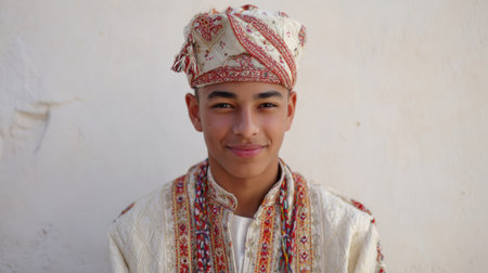 a young man smiles in traditional Indian clothing, including a turban, against a white wall, showcasing cultural attire and a warm expressionの素材