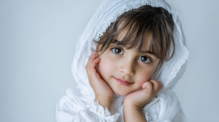 a beautiful young girl with brown hair and eyes, wearing a white hooded garment, looking sweetly at the camera with a gentle expressionの素材