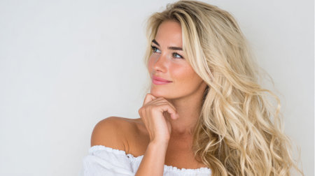 a beautiful blonde woman is gazing thoughtfully to the side with a soft smile while gently touching her chin against a white backgroundの素材