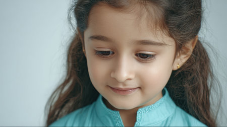 a close up shot of a young girl with brown hair looking down, wearing a turquoise top, with a soft focus background, showing innocence and youthの素材