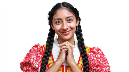 a portrait of a happy young woman with braided hair, wearing a traditional red and white dress, smiling on a white background. Very beautiful.の素材