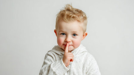 a cute toddler with blonde hair wearing a white hoodie is holding a finger to his lips in a studio shot, asking for silence and quietの素材