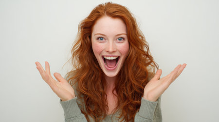 a woman with red hair and a gray sweater is smiling with her mouth open and her hands raised up in a gesture of excitement and happinessの素材