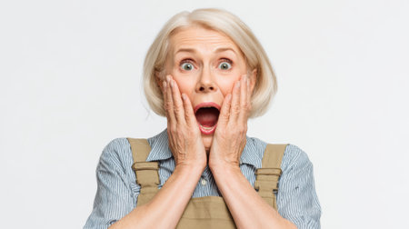 an older woman with a surprised expression, hands on her face, and mouth open, set against a clean white backdrop in a studio environment.の素材