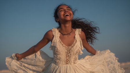 a woman in a white lace dress is laughing with her arms outstretched against a blue sky, showing a moment of pure joy and happiness outdoorsの素材