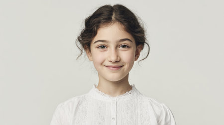 a portrait of a young girl with brown hair smiling, wearing a white blouse, set against a clean white background in a studio settingの素材