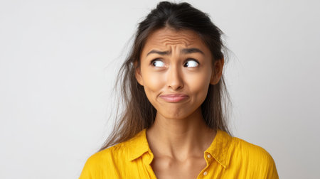 a woman with brown hair wearing a yellow shirt is looking sideways with a confused expression on a white background in a studio setting.の素材
