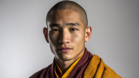 a close up portrait of a young man with a shaved head, wearing a traditional robe, set against a light gray backdrop. the man looks calm and seriousの素材