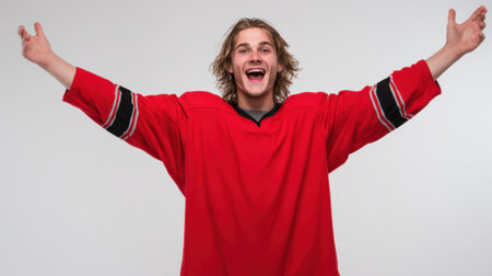 a young man in a red hockey jersey with black stripes is cheering with his arms raised against a plain white backdrop, radiating pure joyの素材