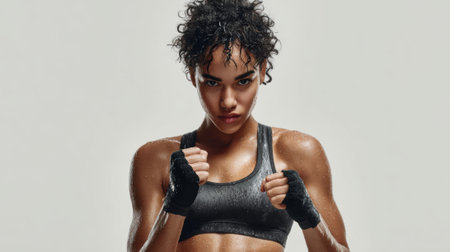 a strong woman with curly hair, wearing a sports bra and boxing gloves, looking intensely ready to fight, showcasing her determination and strengthの素材