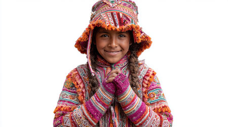 a young girl in traditional Andean clothing smiles warmly, showcasing the vibrant colors and intricate patterns of her cultural attire.の素材