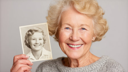 elderly woman smiles while holding a black and white photograph of herself, reflecting on her younger years with a sense of nostalgia and joyの素材