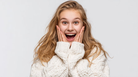 a blonde woman with a surprised expression, hands on her cheeks, wearing a white sweater against a white background, looks joyful and excited.の素材