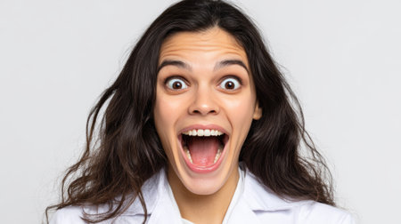 a woman with dark hair and a white coat is looking at the camera with an excited expression on her face, mouth open in surprise and delightの素材