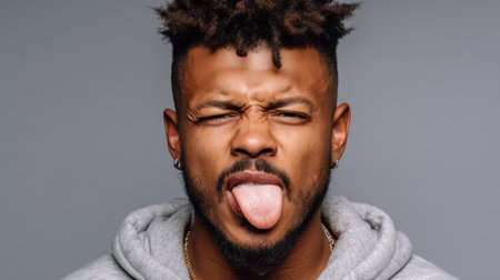 a man with dreadlocks in a gray hoodie sticks his tongue out at the camera with a funny face, creating a playful and silly portrait style image.の素材