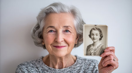 elderly woman holding a vintage photo of a younger woman, smiling with nostalgia, remembering her youth and family history on white backgroundの素材