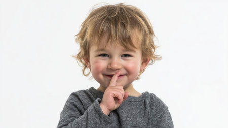 a young child with blonde curly hair is holding their fingers to their lips in a shushing gesture against a plain white background in a close up viewの素材