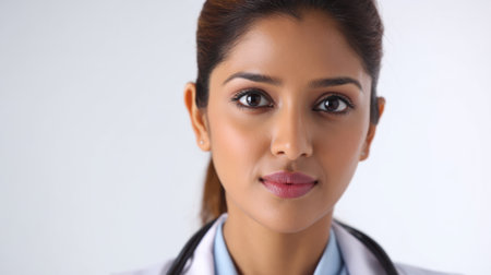 a close up shot of a young female doctor with a stethoscope around her neck wearing a white lab coat against a plain white backgroundの素材