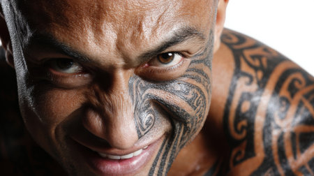 A close-up shot of a man with tribal tattoos on his face and body, looking intensely at the camera with a slight smile. The focus is on his face.の素材