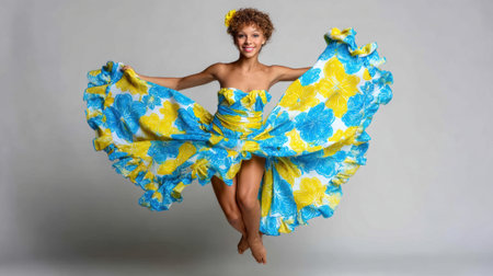 a woman in a floral dress is jumping with arms outstretched against a plain light gray background, smiling and looking at the camera with joyの素材
